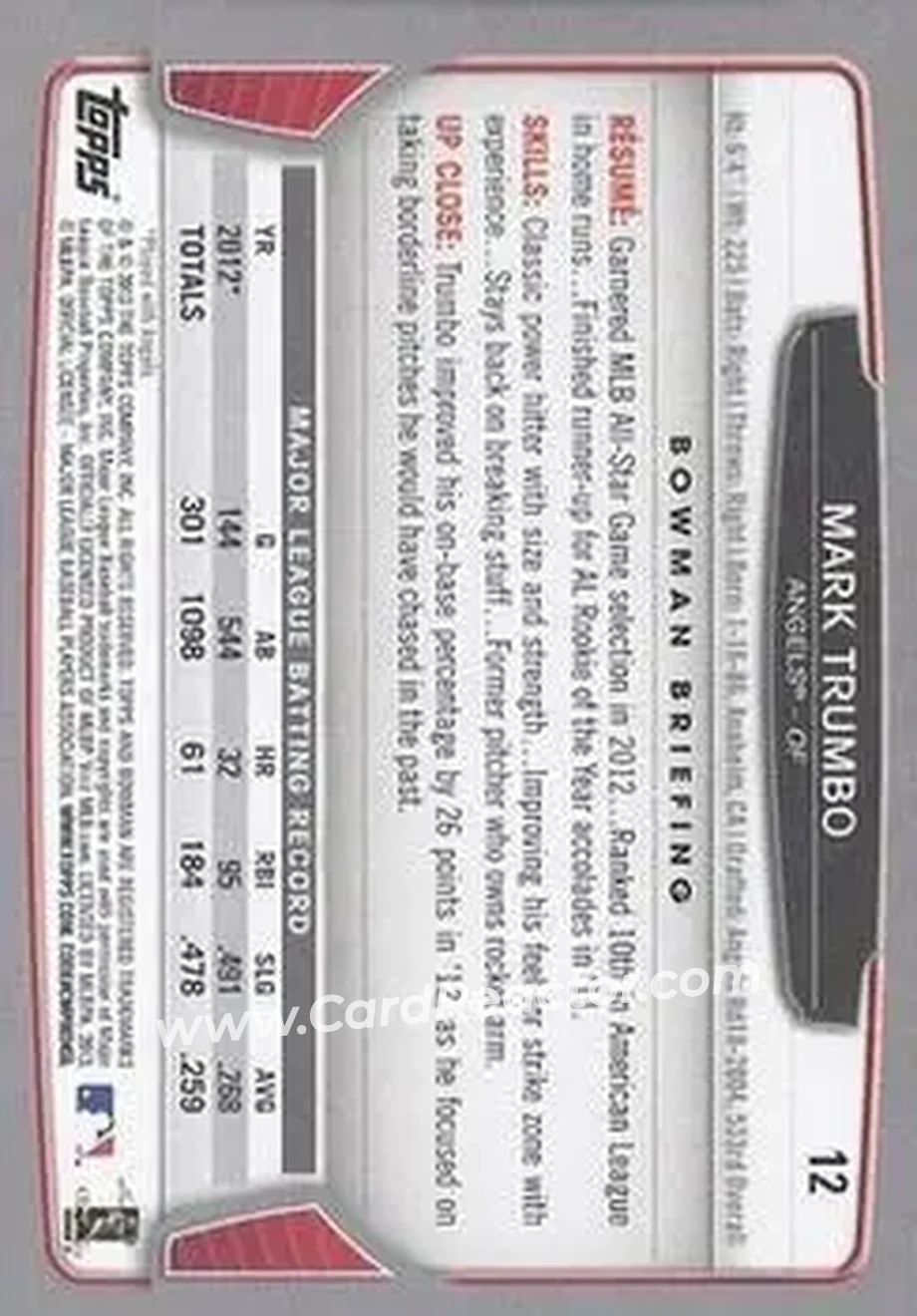 2013 Bowman #12 - Mark Trumbo - Los Angeles Angels - Back