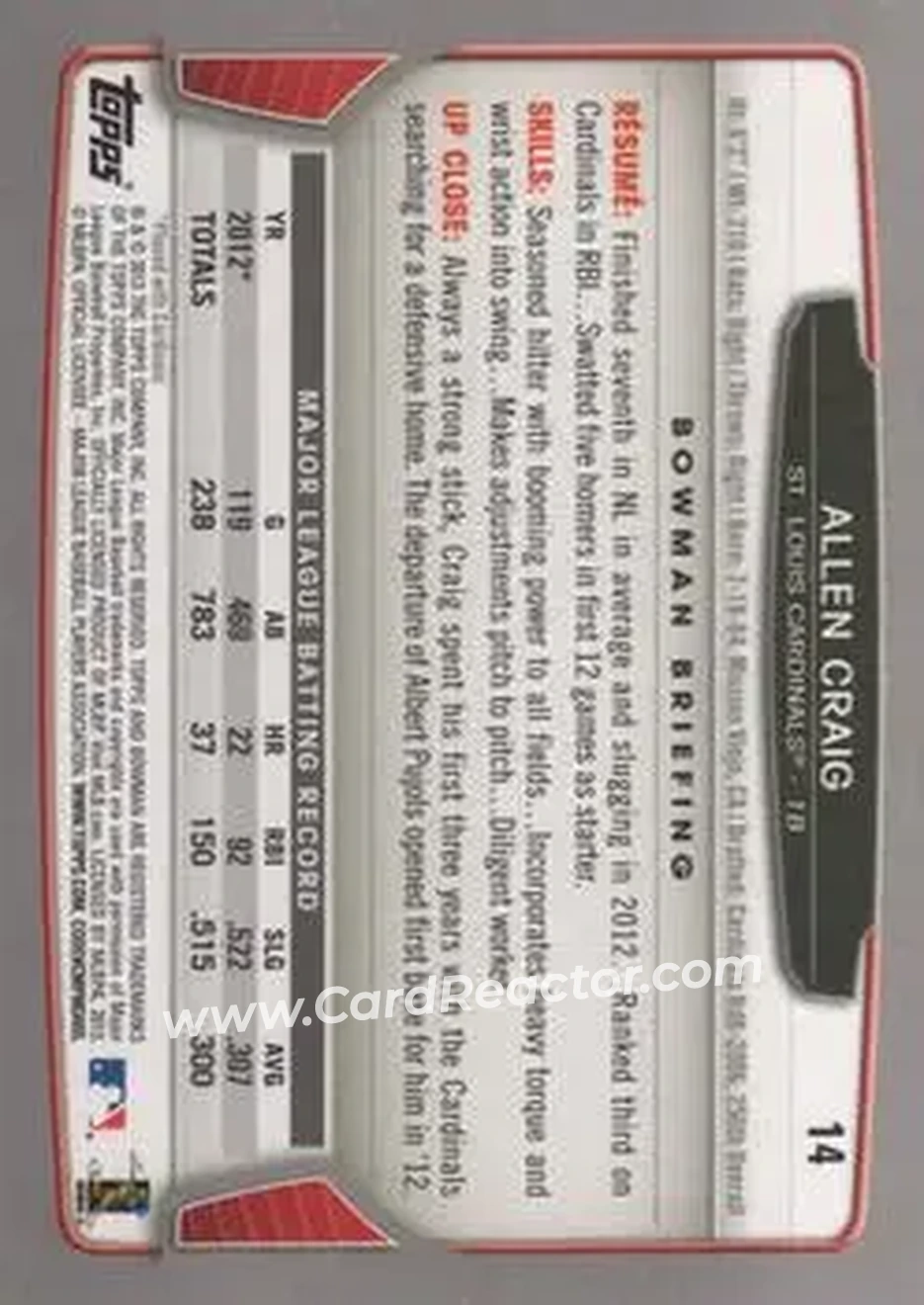 2013 Bowman #14 - Allen Craig - St. Louis Cardinals - Back