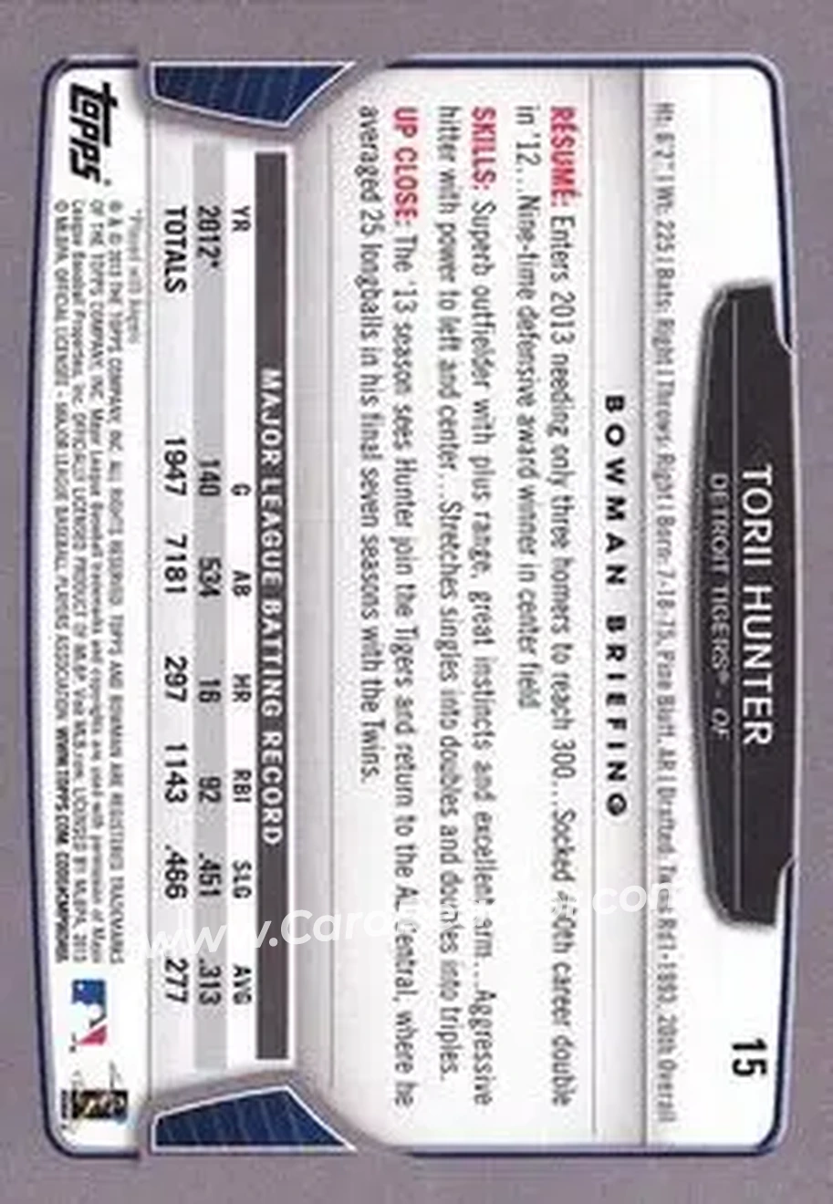 2013 Bowman #15 - Torii Hunter - Detroit Tigers - Back