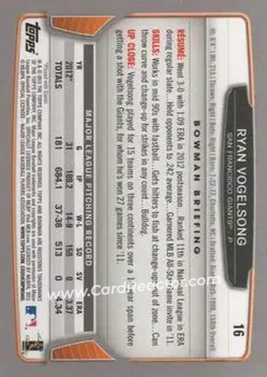 2013 Bowman #16 - Ryan Vogelsong - San Francisco Giants - Back