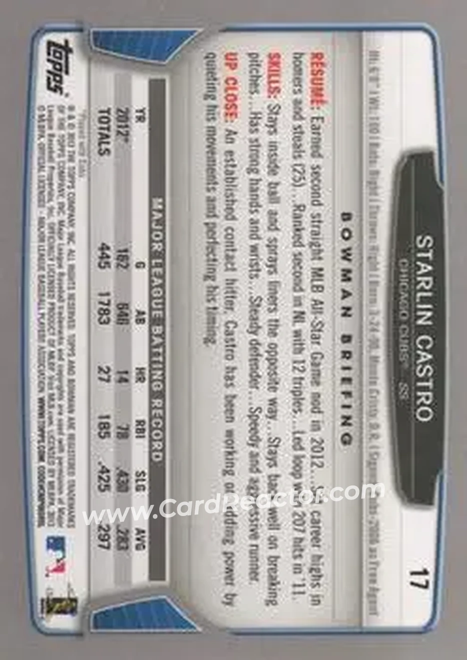 2013 Bowman #17 - Starlin Castro - Chicago Cubs - Back