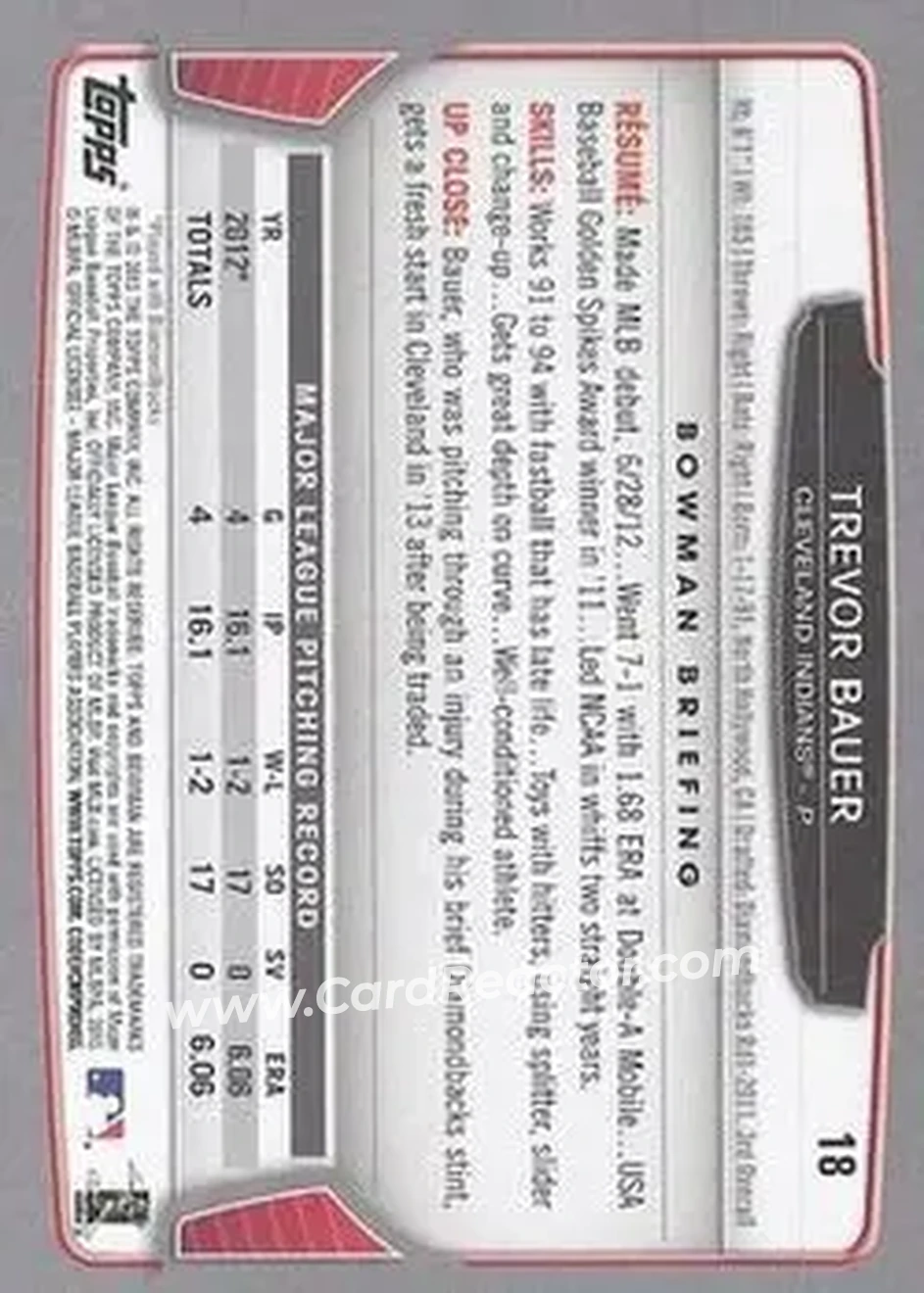2013 Bowman #18 - Trevor Bauer - Cleveland Indians - Back