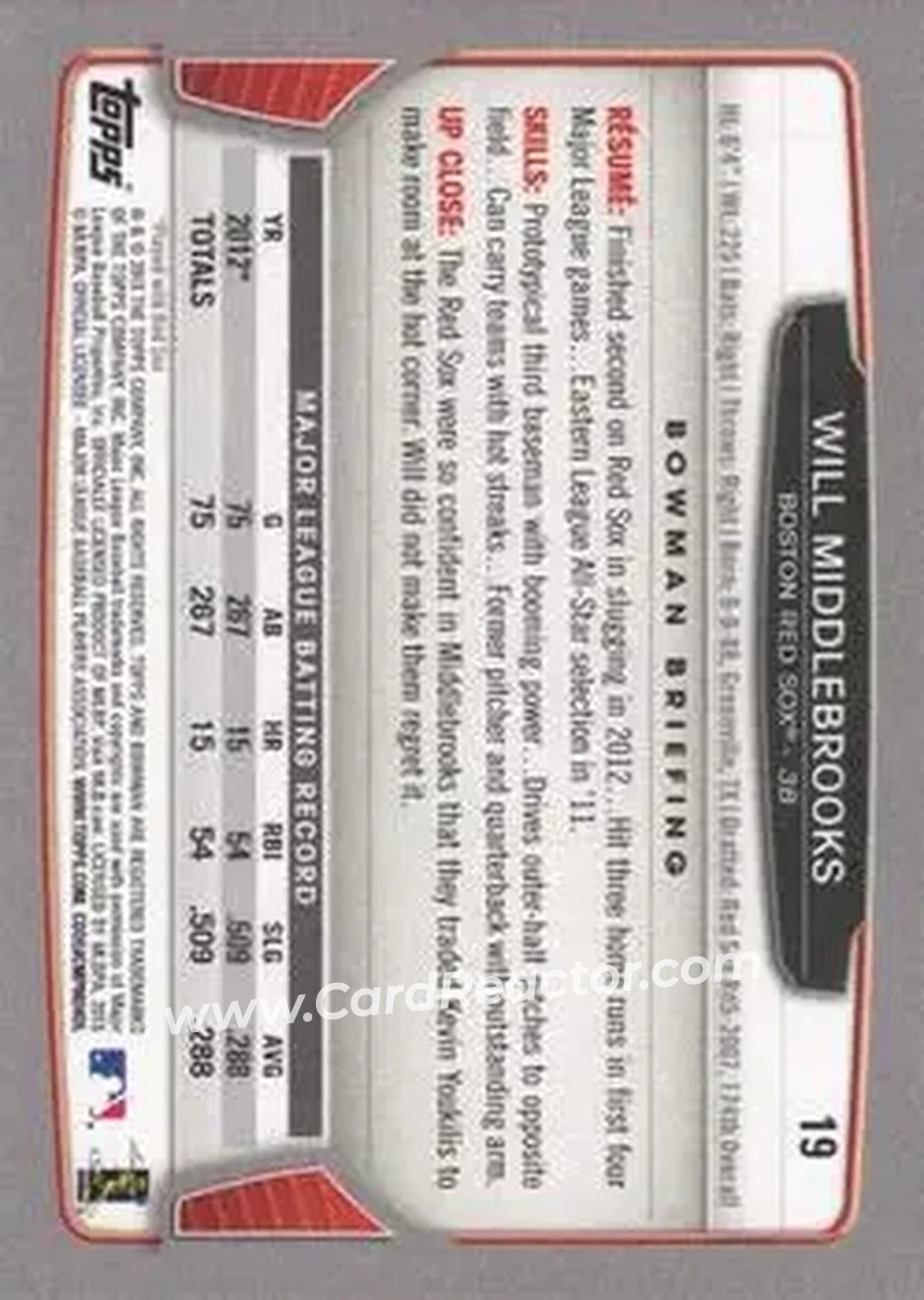 2013 Bowman #19 - Will Middlebrooks - Boston Red Sox - Back