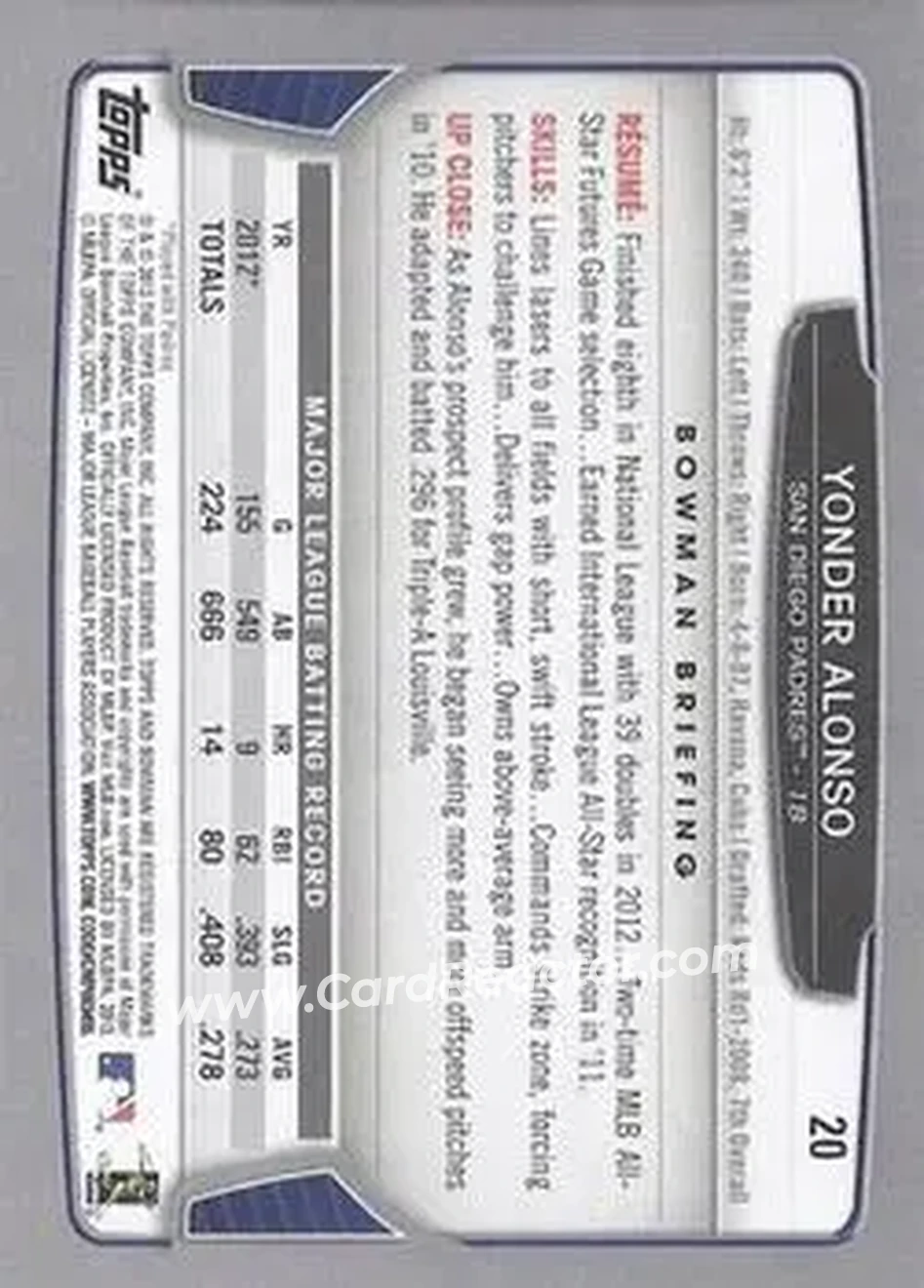 2013 Bowman #20 - Yonder Alonso - San Diego Padres - Back