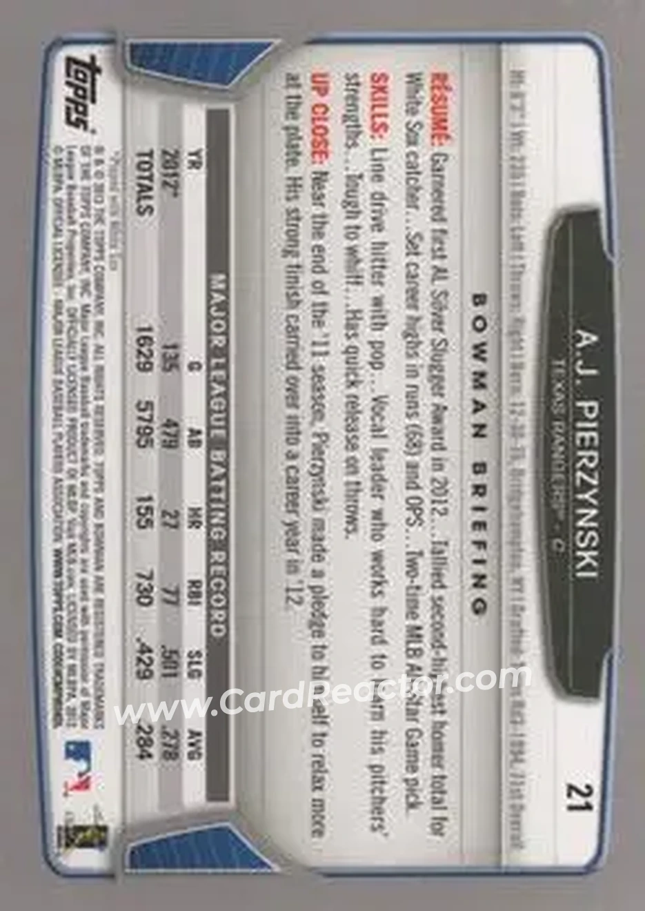 2013 Bowman #21 - A.J. Pierzynski - Texas Rangers - Back