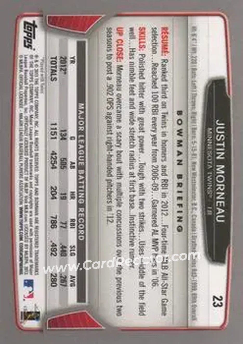 2013 Bowman #23 - Justin Morneau - Minnesota Twins - Back