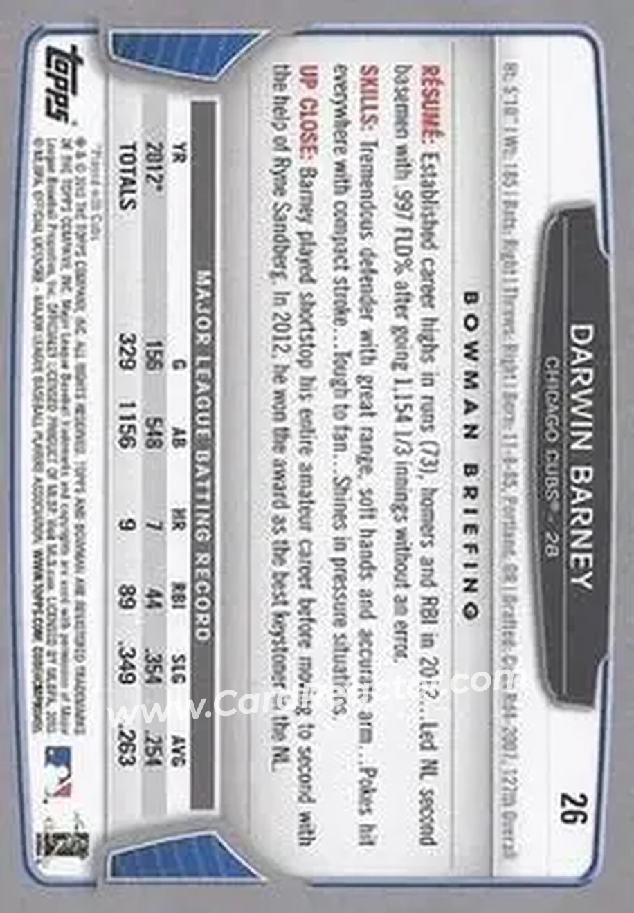 2013 Bowman #26 - Darwin Barney - Chicago Cubs - Back 2013 Bowman #26 - Darwin Barney - Chicago Cubs - Back