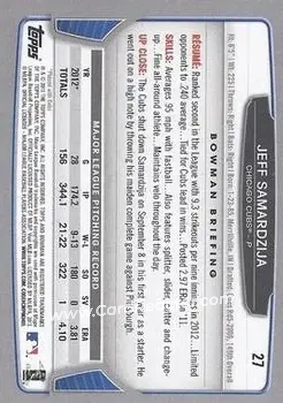 2013 Bowman #27 - Jeff Samardzija - Chicago Cubs - Back