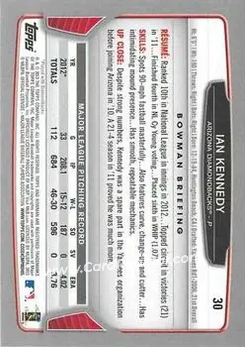 2013 Bowman #30 - Ian Kennedy - Arizona Diamondbacks - Back