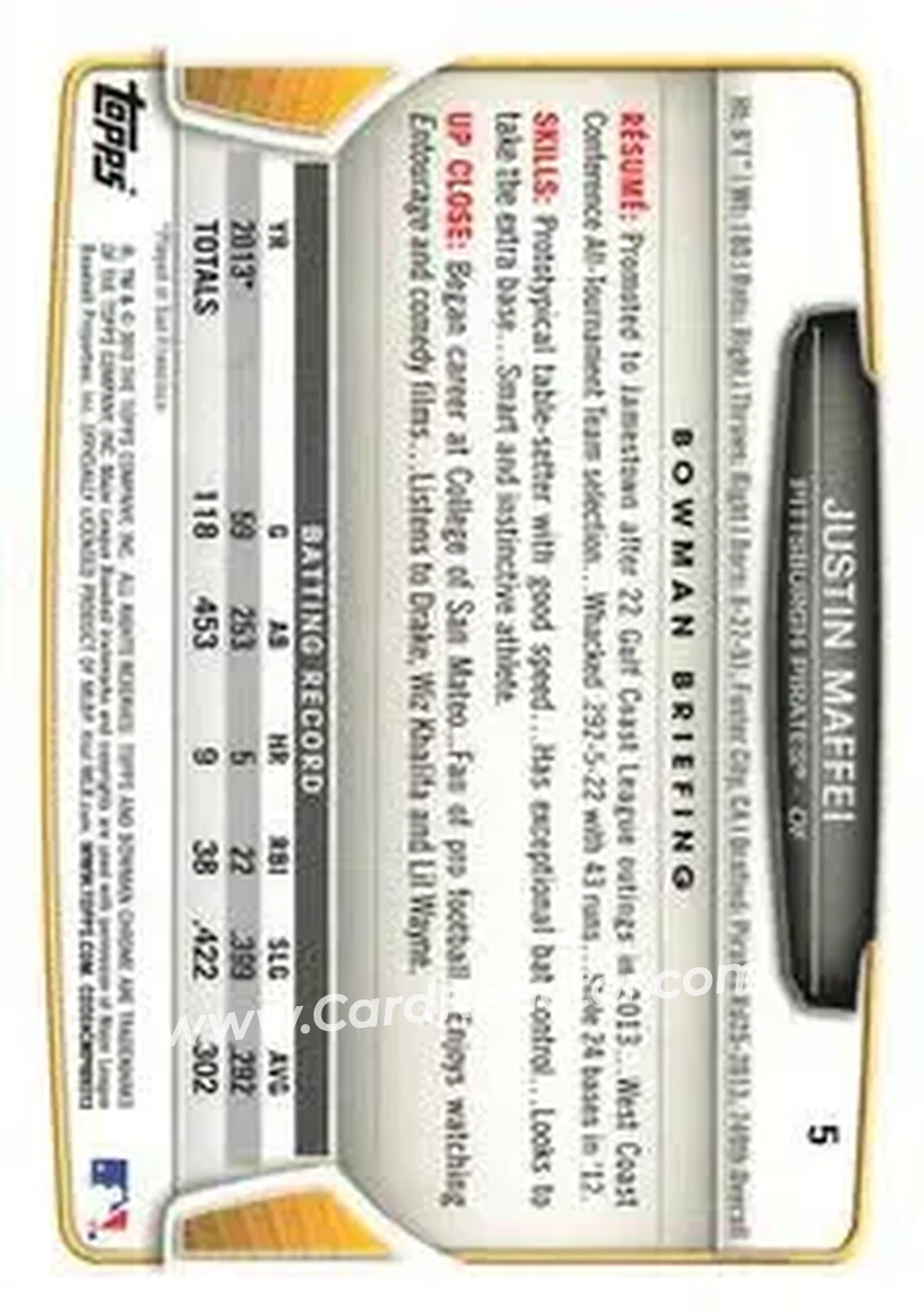 2013 Bowman Chrome Mini #5 - Justin Maffei - Pittsburgh Pirates - Back