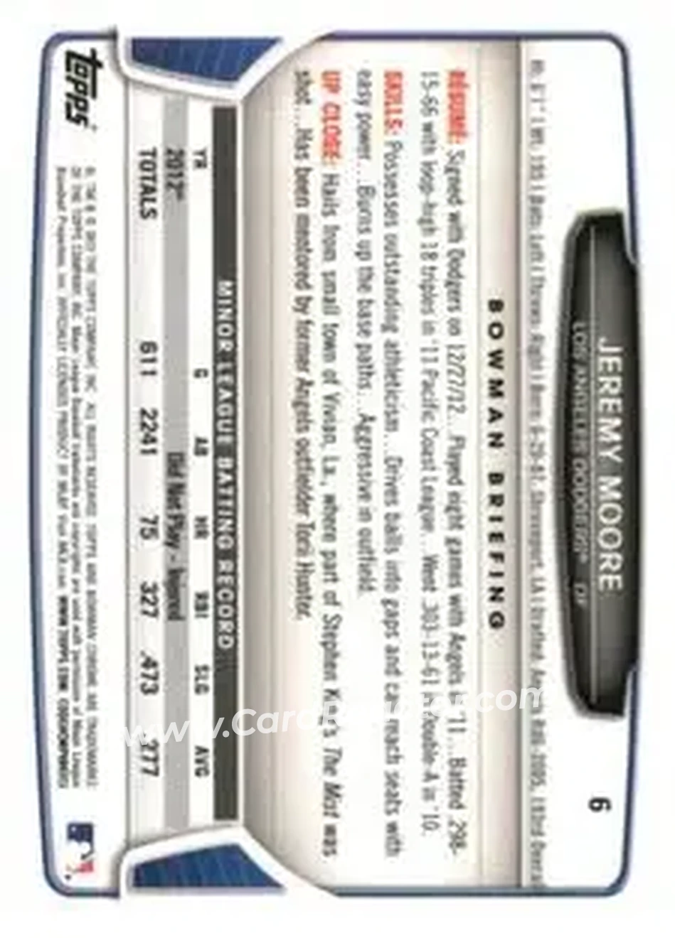 2013 Bowman Chrome Mini #6 - Jeremy Moore - Los Angeles Dodgers - Back