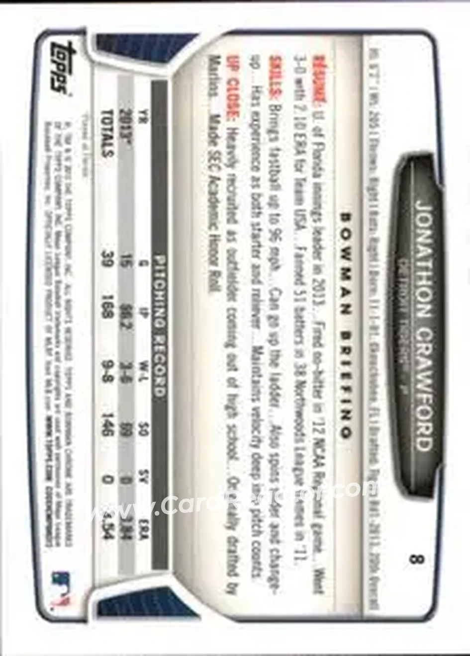 2013 Bowman Chrome Mini #8 - Jonathon Crawford - Detroit Tigers - Back