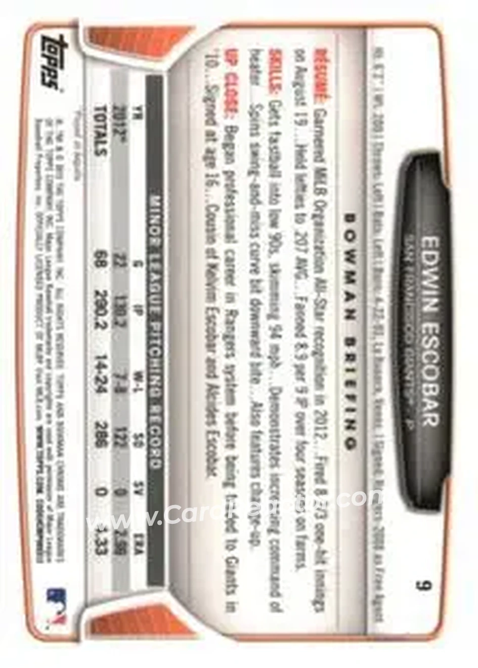 2013 Bowman Chrome Mini #9 - Edwin Escobar - San Francisco Giants - Back