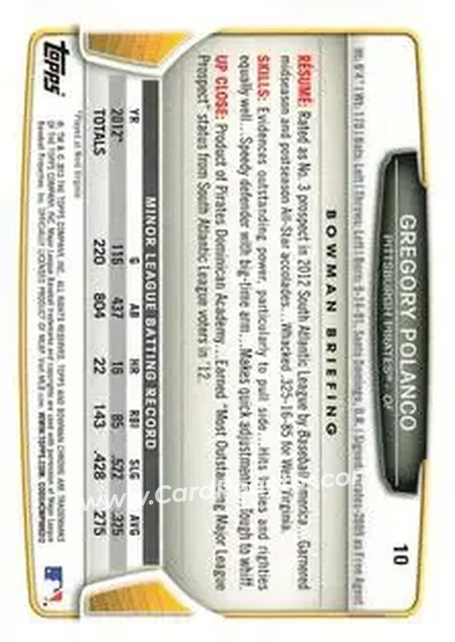 2013 Bowman Chrome Mini #10 - Gregory Polanco - Pittsburgh Pirates - Back