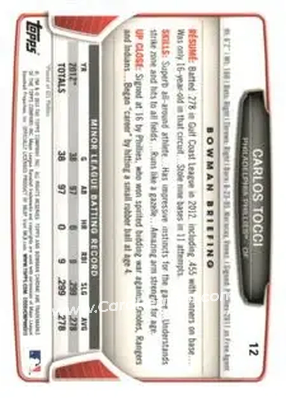 2013 Bowman Chrome Mini #12 - Carlos Tocci - Philadelphia Phillies - Back