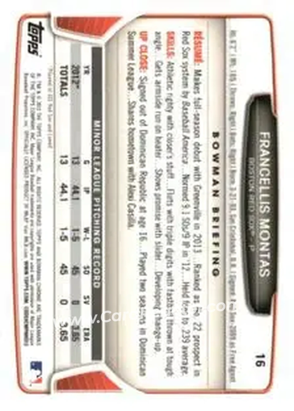 2013 Bowman Chrome Mini #16 - Francellis Montas - Boston Red Sox - Back