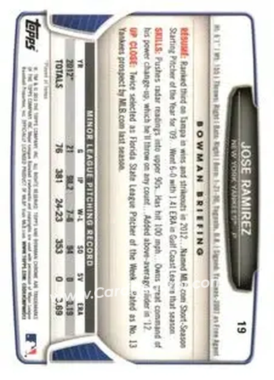2013 Bowman Chrome Mini #19 - Jose Ramirez - New York Yankees - Back