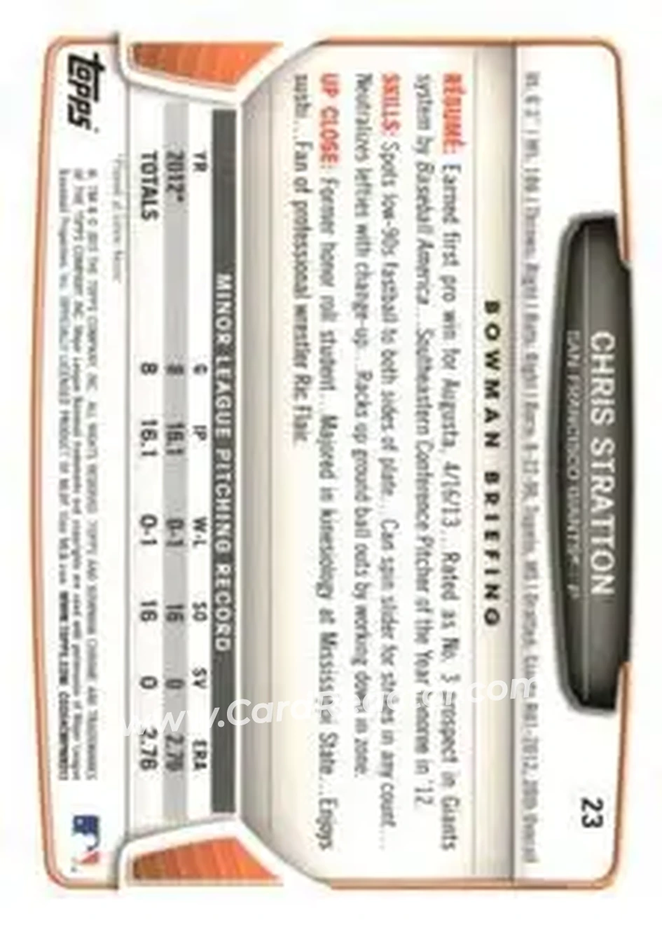 2013 Bowman Chrome Mini #23 - Chris Stratton - San Francisco Giants - Back