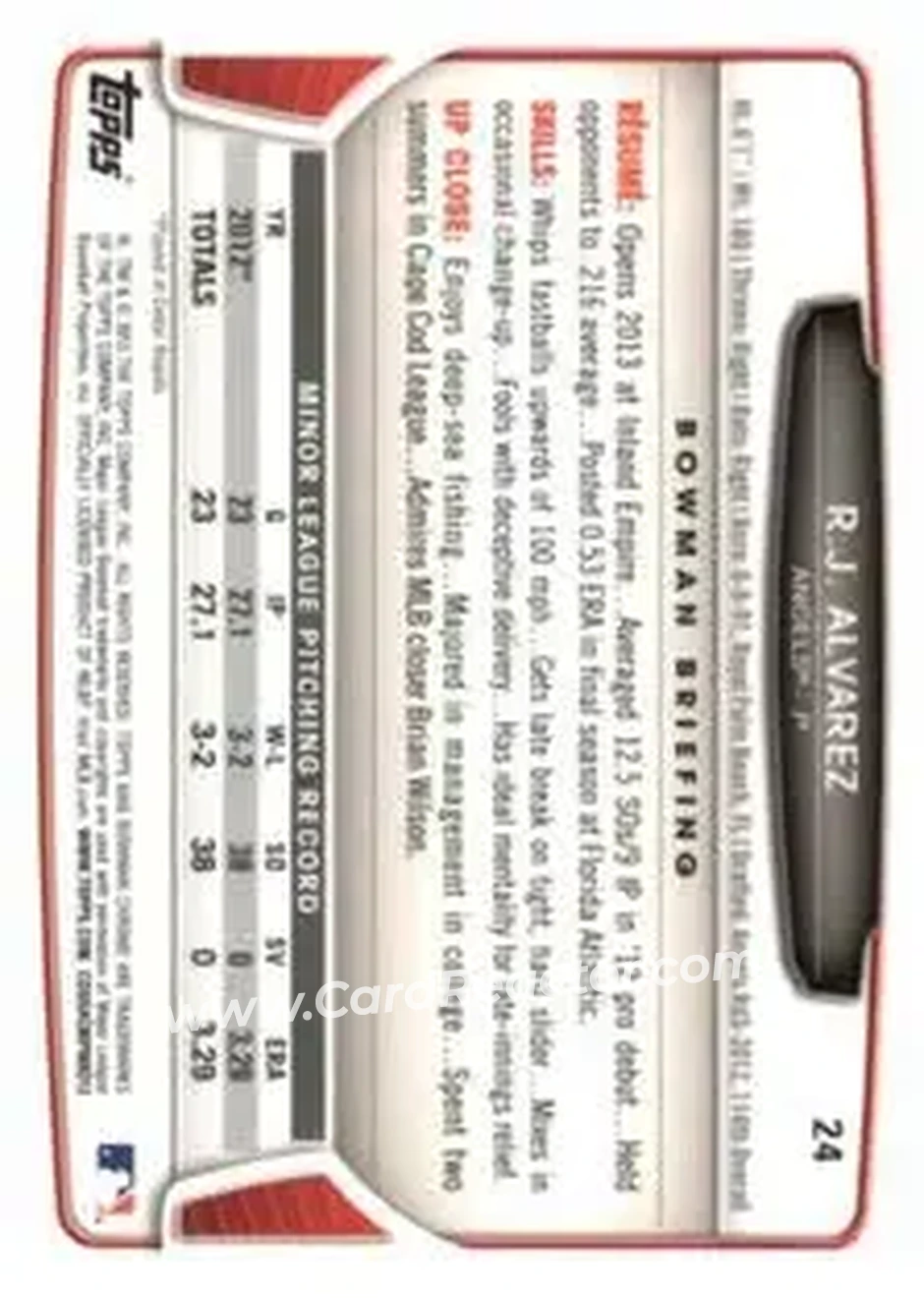 2013 Bowman Chrome Mini #24 - R.J. Alvarez - Los Angeles Angels - Back