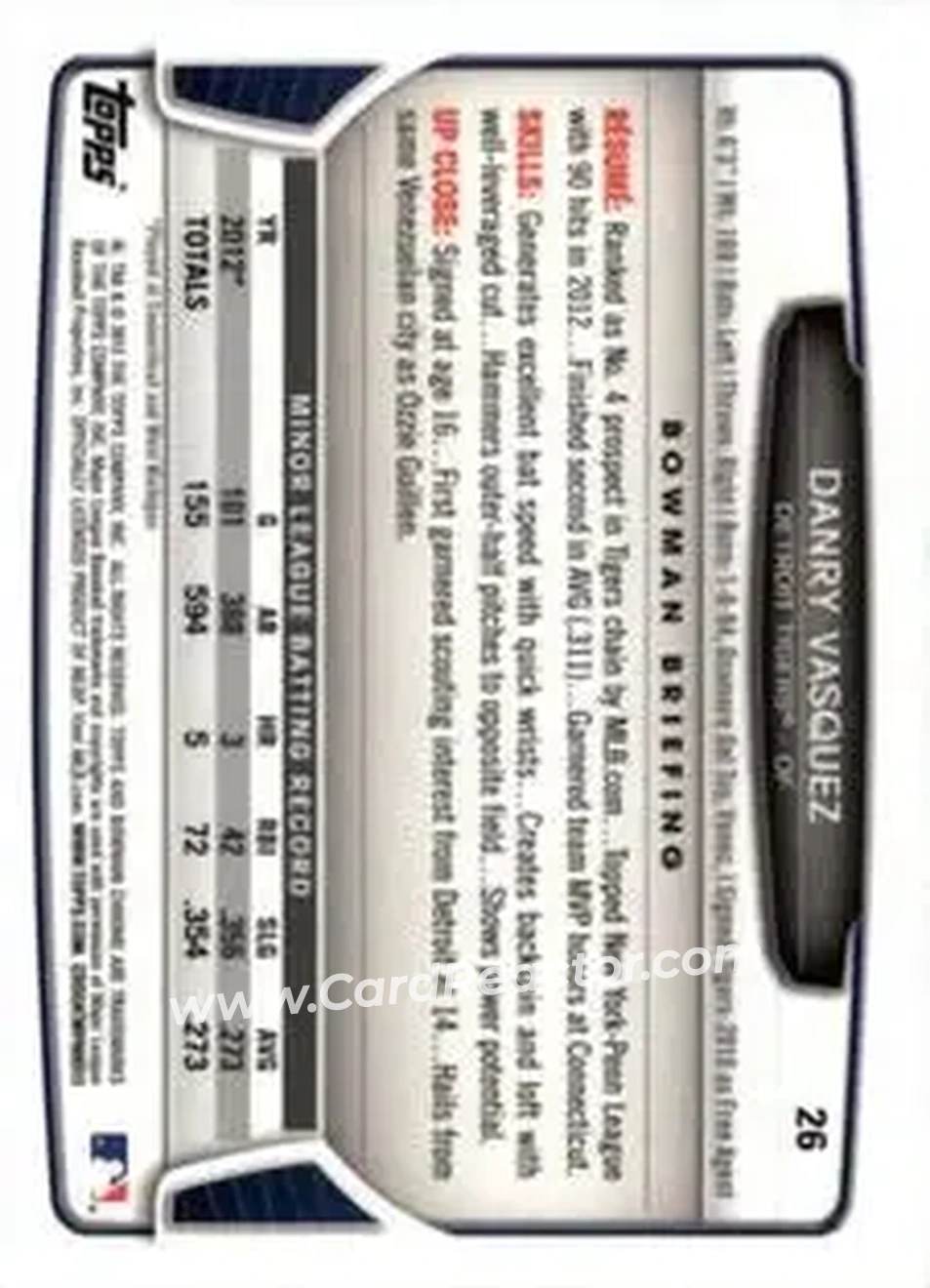 2013 Bowman Chrome Mini #26 - Danry Vasquez - Detroit Tigers - Back