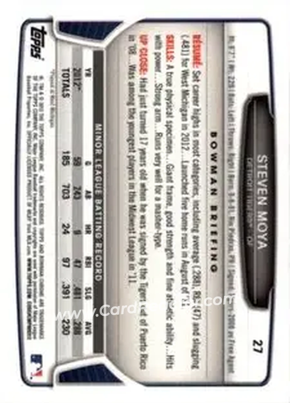 2013 Bowman Chrome Mini #27 - Steven Moya - Detroit Tigers - Back