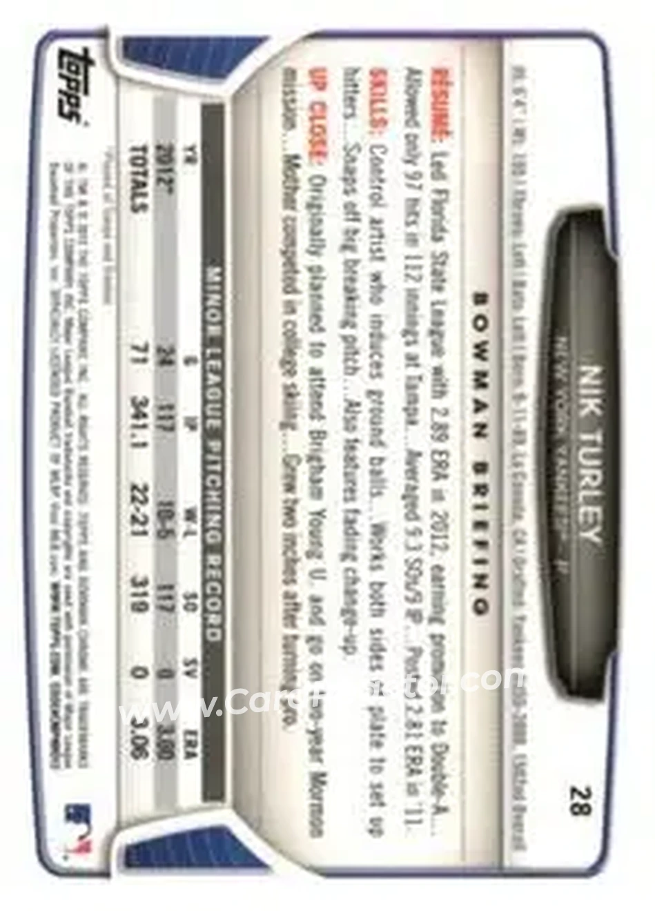 2013 Bowman Chrome Mini #28 - Nik Turley - New York Yankees - Back