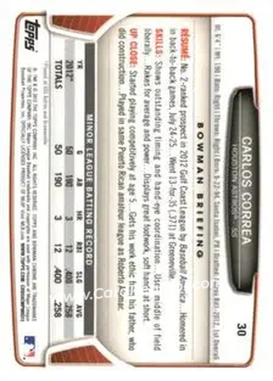 2013 Bowman Chrome Mini #30 - Carlos Correa - Houston Astros - Back
