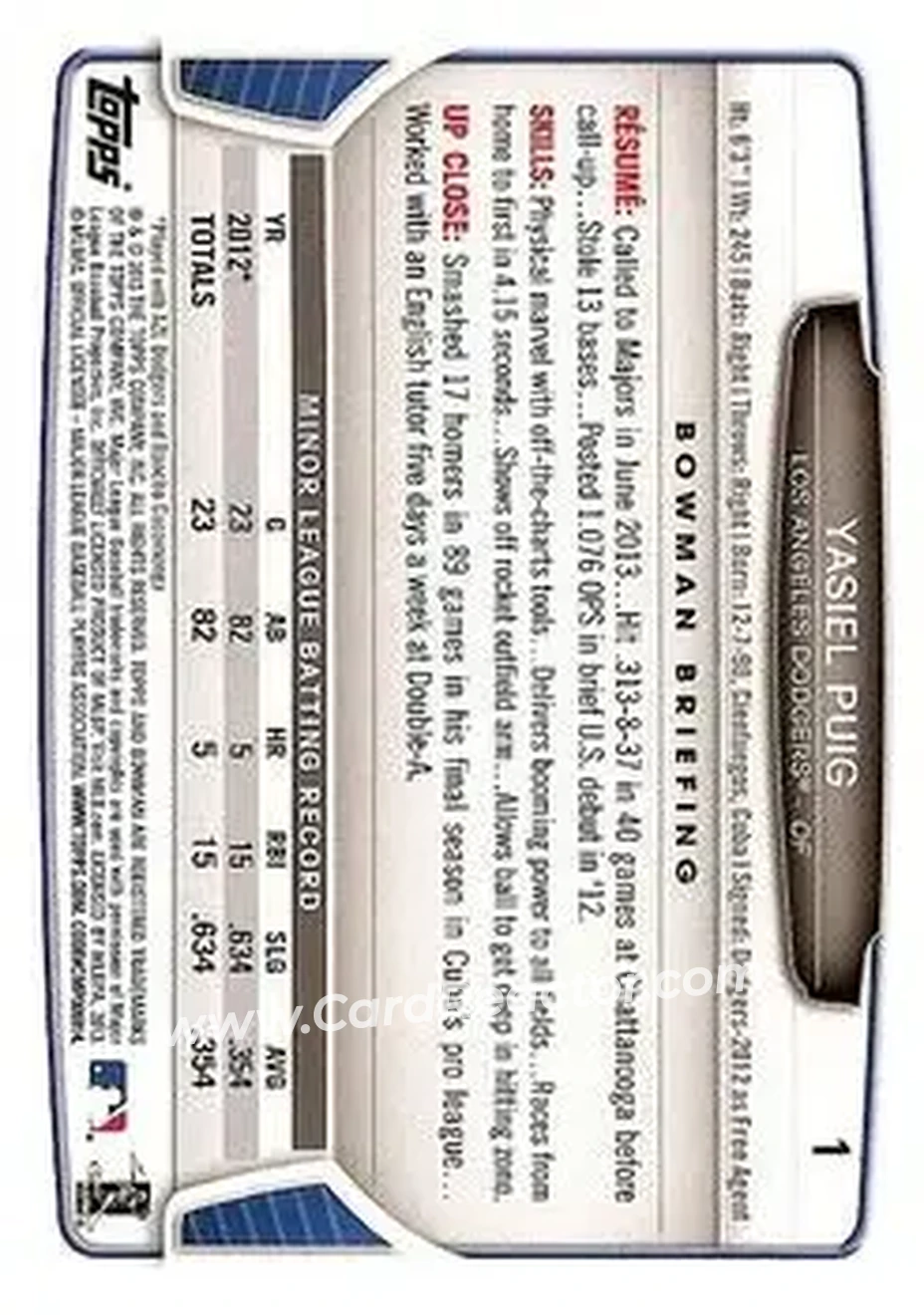 2013 Bowman Draft Picks & Prospects #1 - Yasiel Puig - Los Angeles Dodgers - Back