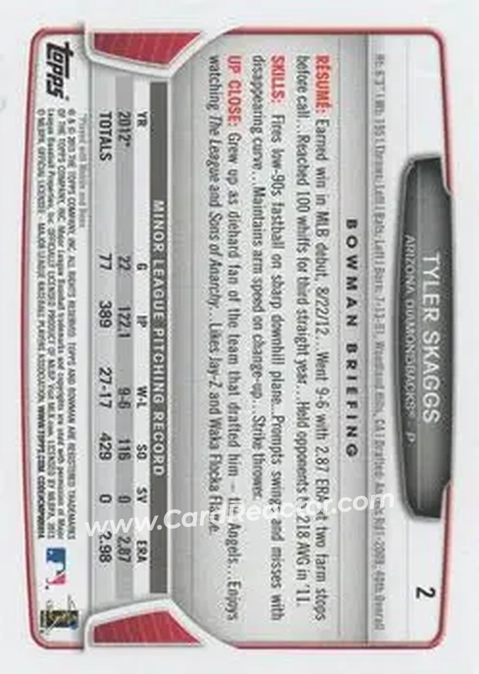 2013 Bowman Draft Picks & Prospects #2 - Tyler Skaggs - Arizona Diamondbacks - Back