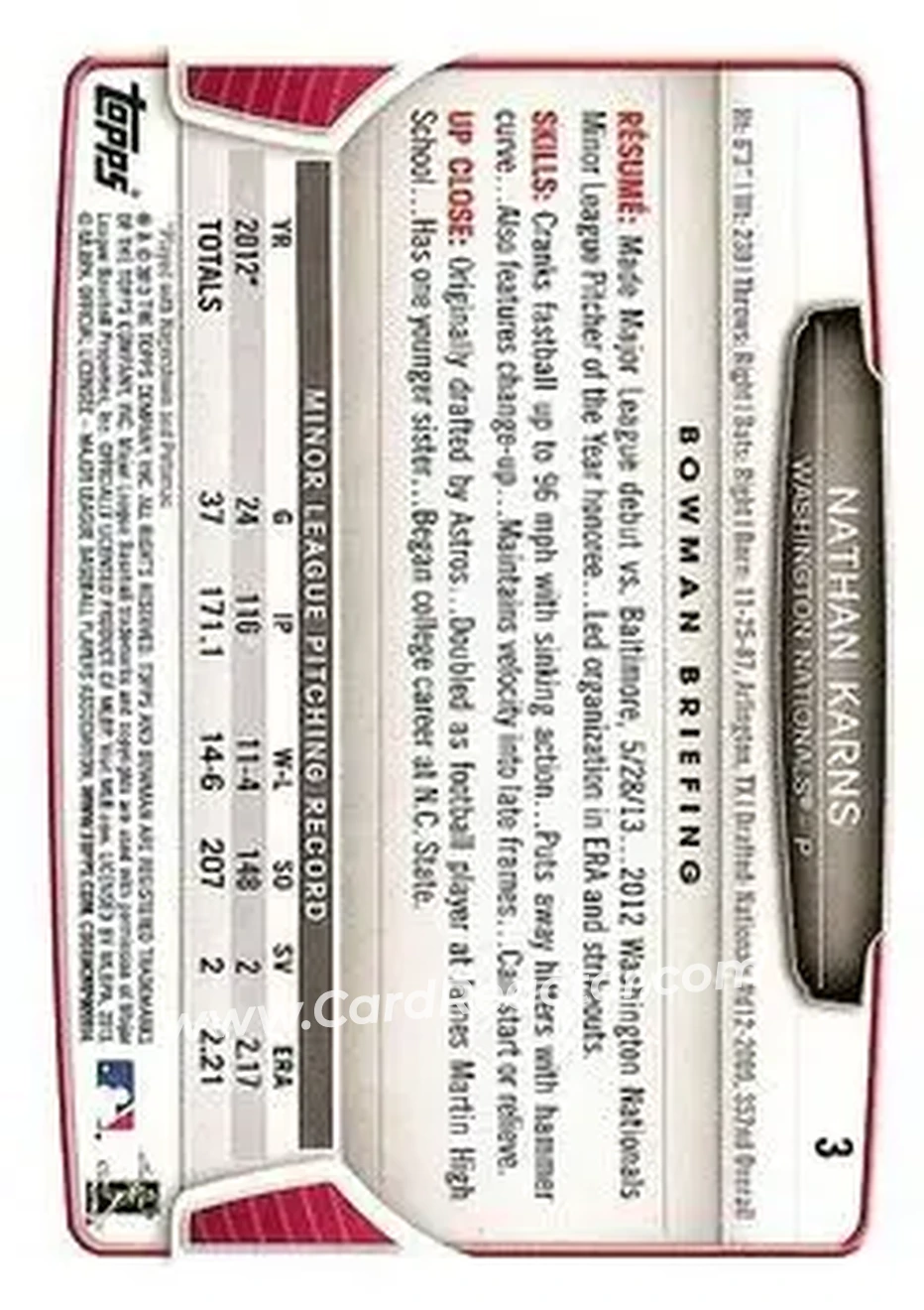 2013 Bowman Draft Picks & Prospects #3 - Nathan Karns - Washington Nationals - Back 2013 Bowman Draft Picks & Prospects #3 - Nathan Karns - Washington Nationals - Back