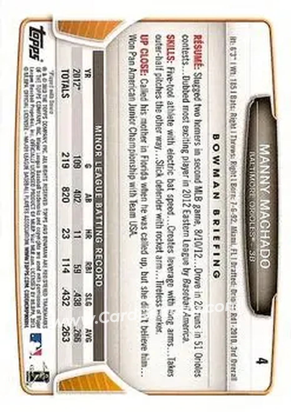 2013 Bowman Draft Picks & Prospects #4 - Manny Machado - Baltimore Orioles - Back