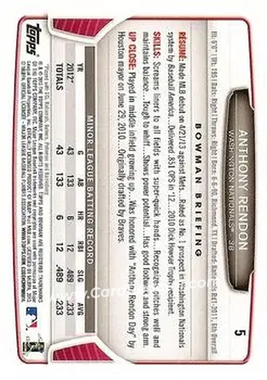 2013 Bowman Draft Picks & Prospects #5 - Anthony Rendon - Washington Nationals - Back 2013 Bowman Draft Picks & Prospects #5 - Anthony Rendon - Washington Nationals - Back