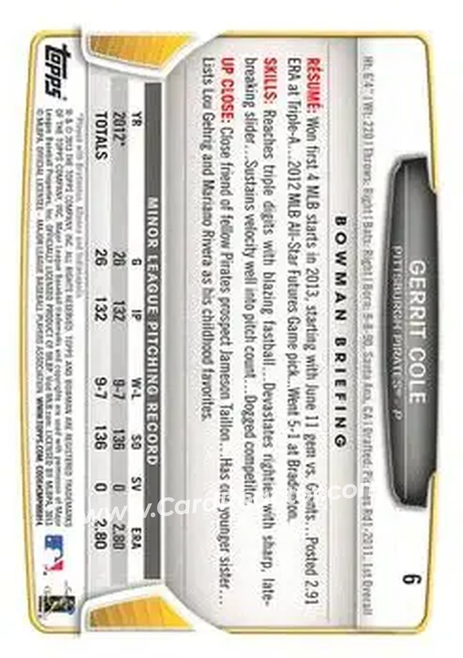 2013 Bowman Draft Picks & Prospects #6 - Gerrit Cole - Pittsburgh Pirates - Back 2013 Bowman Draft Picks & Prospects #6 - Gerrit Cole - Pittsburgh Pirates - Back