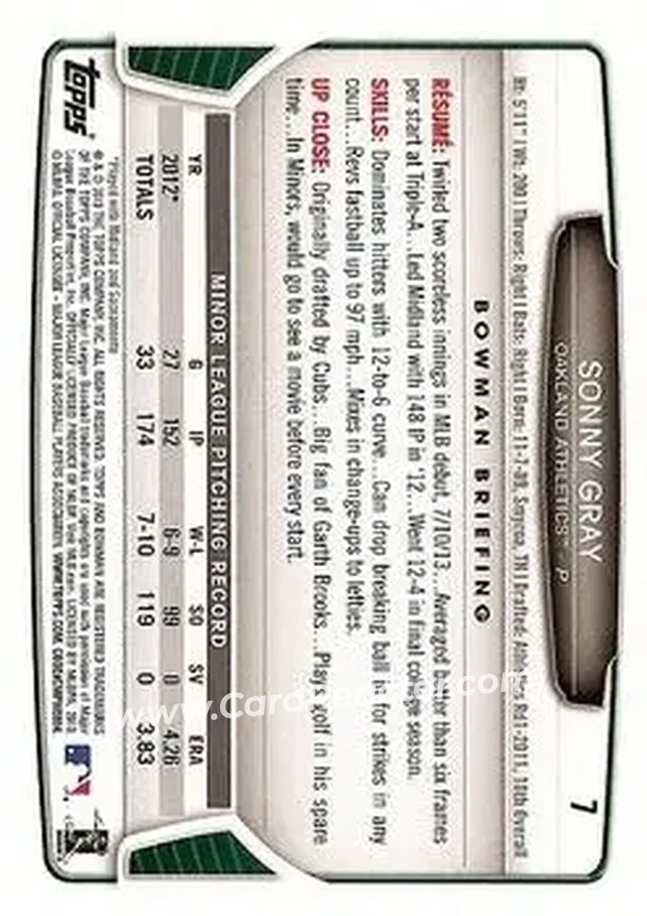 2013 Bowman Draft Picks & Prospects #7 - Sonny Gray - Oakland Athletics - Back 2013 Bowman Draft Picks & Prospects #7 - Sonny Gray - Oakland Athletics - Back