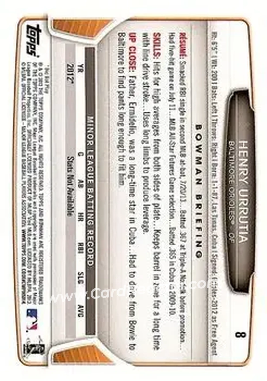 2013 Bowman Draft Picks & Prospects #8 - Henry Urrutia - Baltimore Orioles - Back 2013 Bowman Draft Picks & Prospects #8 - Henry Urrutia - Baltimore Orioles - Back