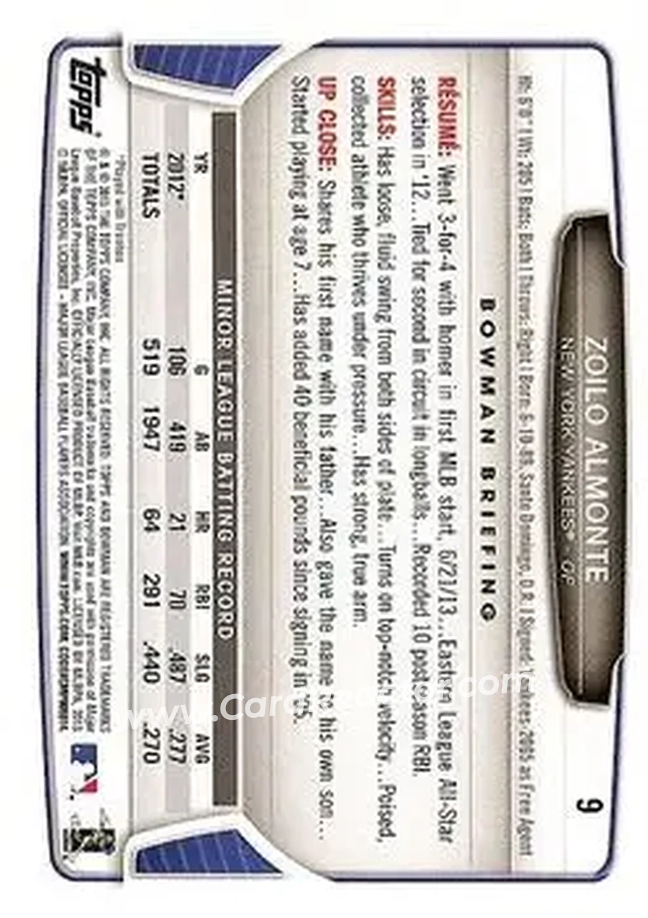 2013 Bowman Draft Picks & Prospects #9 - Zoilo Almonte - New York Yankees - Back 2013 Bowman Draft Picks & Prospects #9 - Zoilo Almonte - New York Yankees - Back