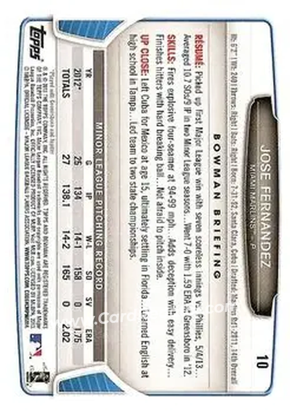 2013 Bowman Draft Picks & Prospects #10 - Jose Fernandez - Miami Marlins - Back 2013 Bowman Draft Picks & Prospects #10 - Jose Fernandez - Miami Marlins - Back