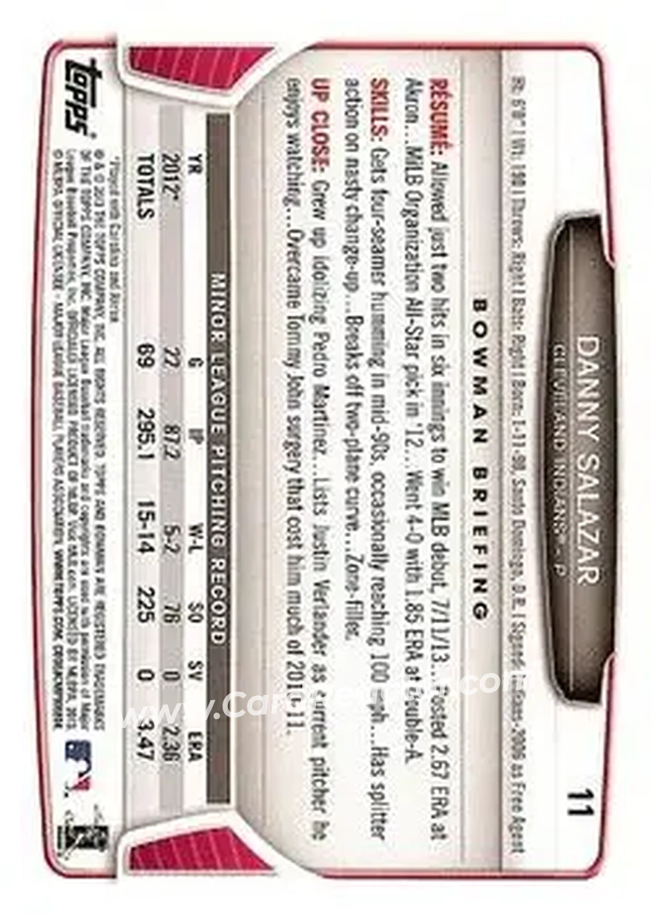 2013 Bowman Draft Picks & Prospects #11 - Danny Salazar - Cleveland Indians - Back