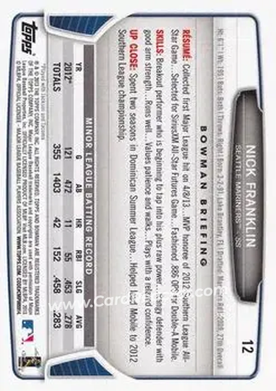 2013 Bowman Draft Picks & Prospects #12 - Nick Franklin - Seattle Mariners - Back 2013 Bowman Draft Picks & Prospects #12 - Nick Franklin - Seattle Mariners - Back