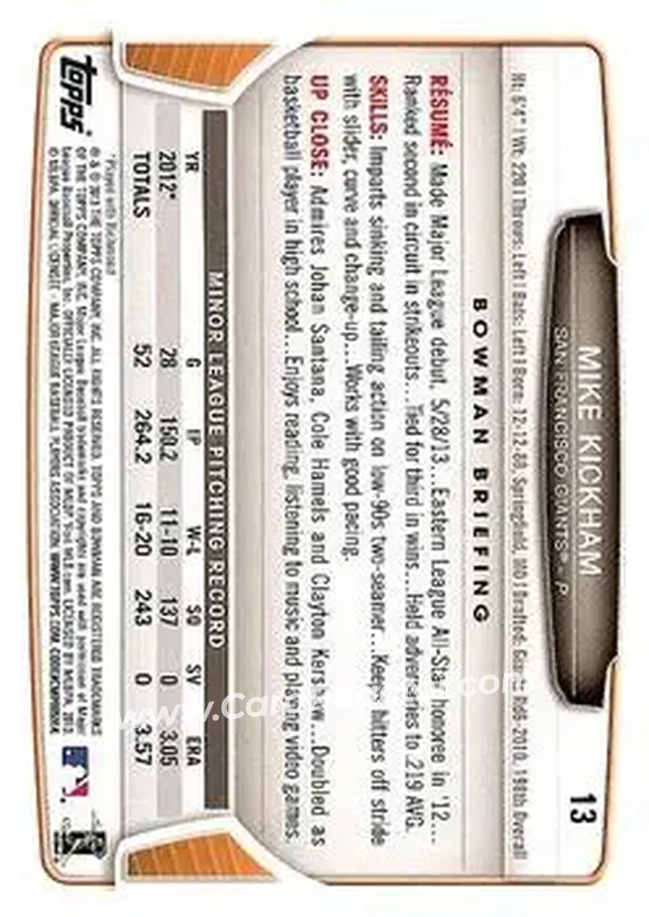 2013 Bowman Draft Picks & Prospects #13 - Mike Kickham - San Francisco Giants - Back