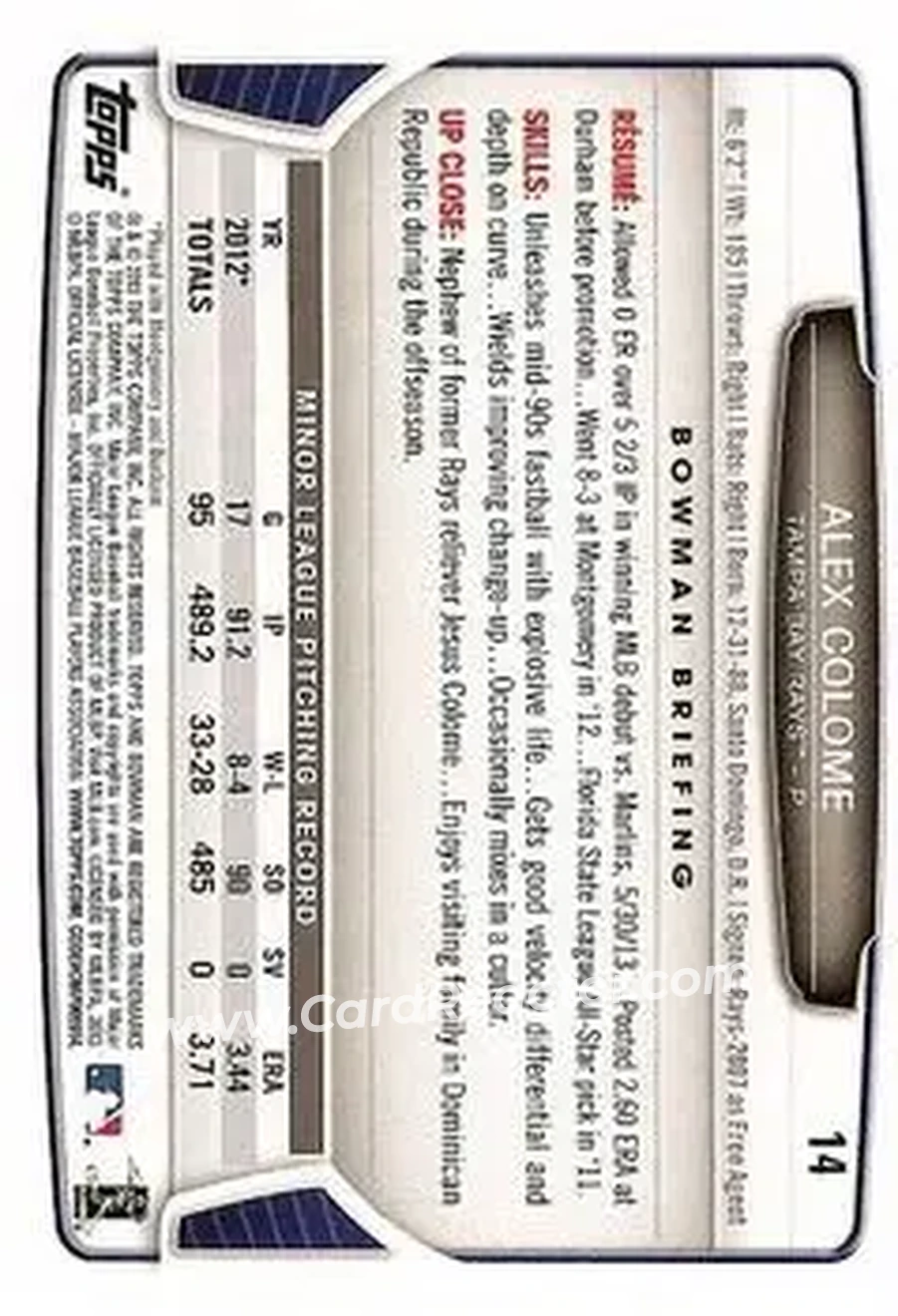 2013 Bowman Draft Picks & Prospects #14 - Alex Colome - Tampa Bay Rays - Back