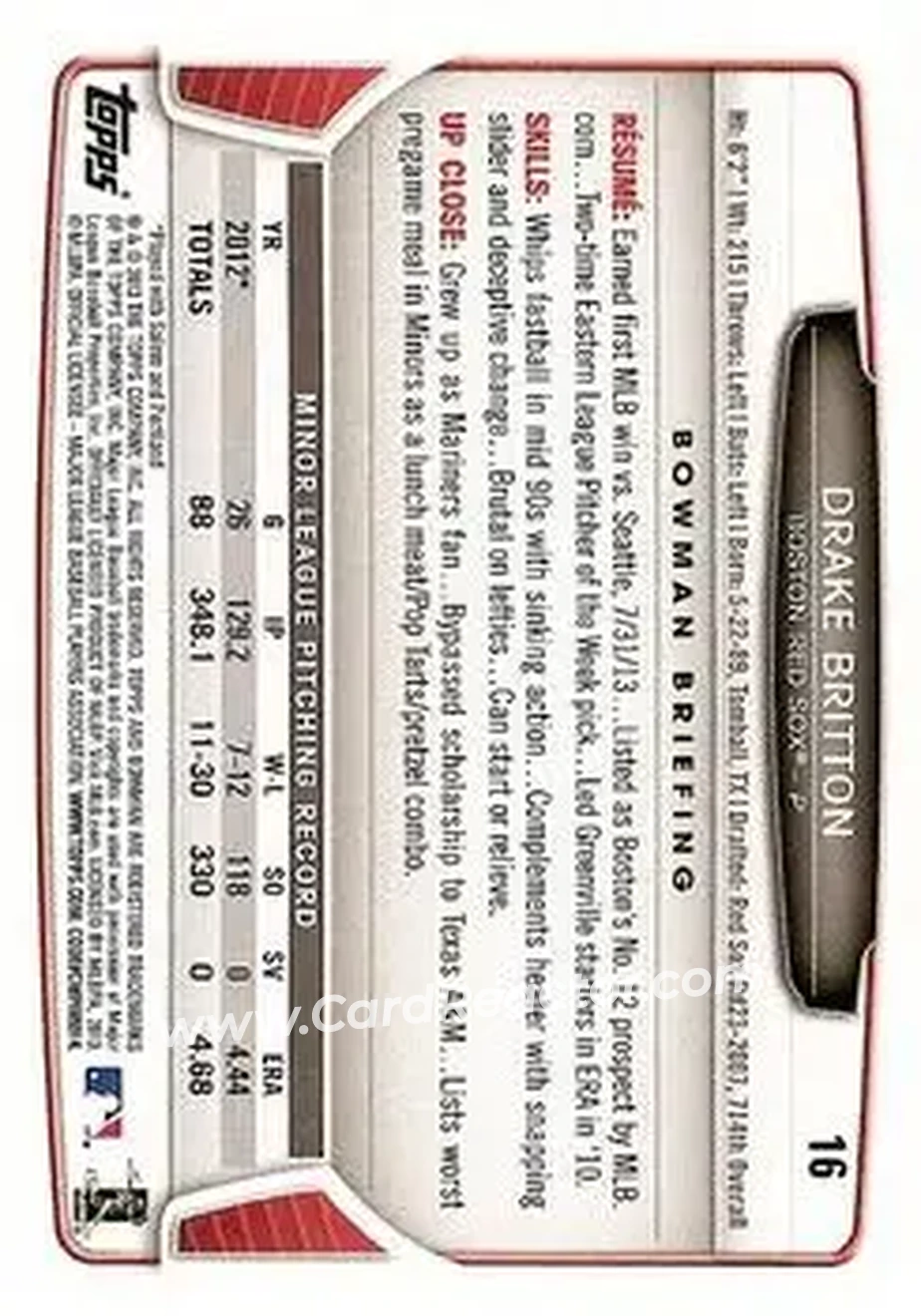 2013 Bowman Draft Picks & Prospects #16 - Drake Britton - Boston Red Sox - Back