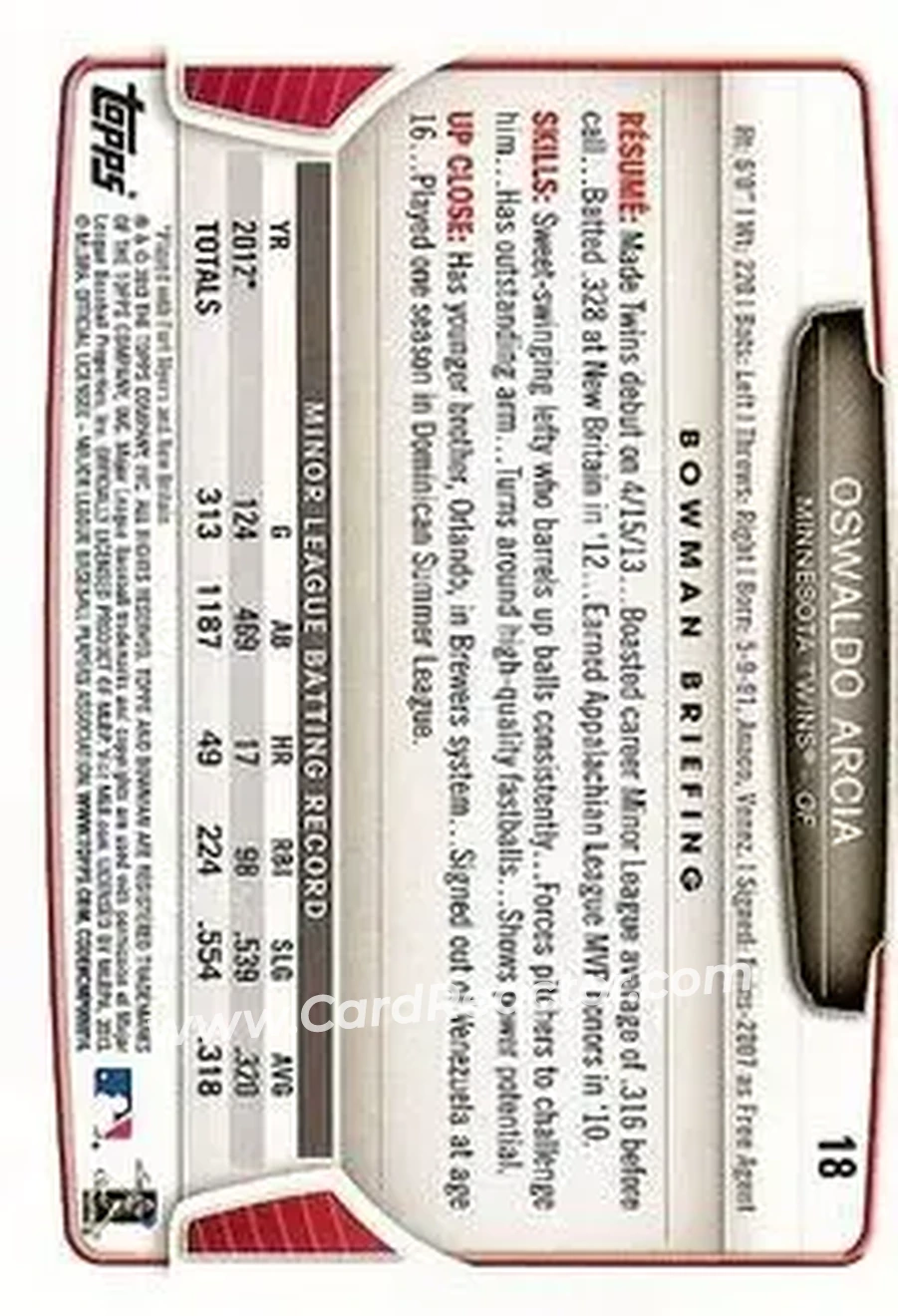 2013 Bowman Draft Picks & Prospects #18 - Oswaldo Arcia - Minnesota Twins - Back