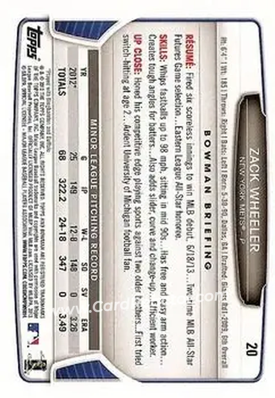 2013 Bowman Draft Picks & Prospects #20 - Zack Wheeler - New York Mets - Back