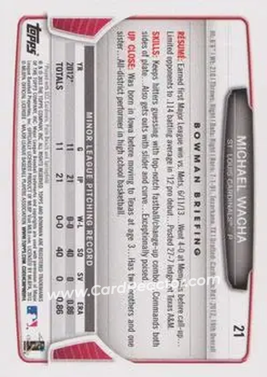 2013 Bowman Draft Picks & Prospects #21 - Michael Wacha - St. Louis Cardinals - Back