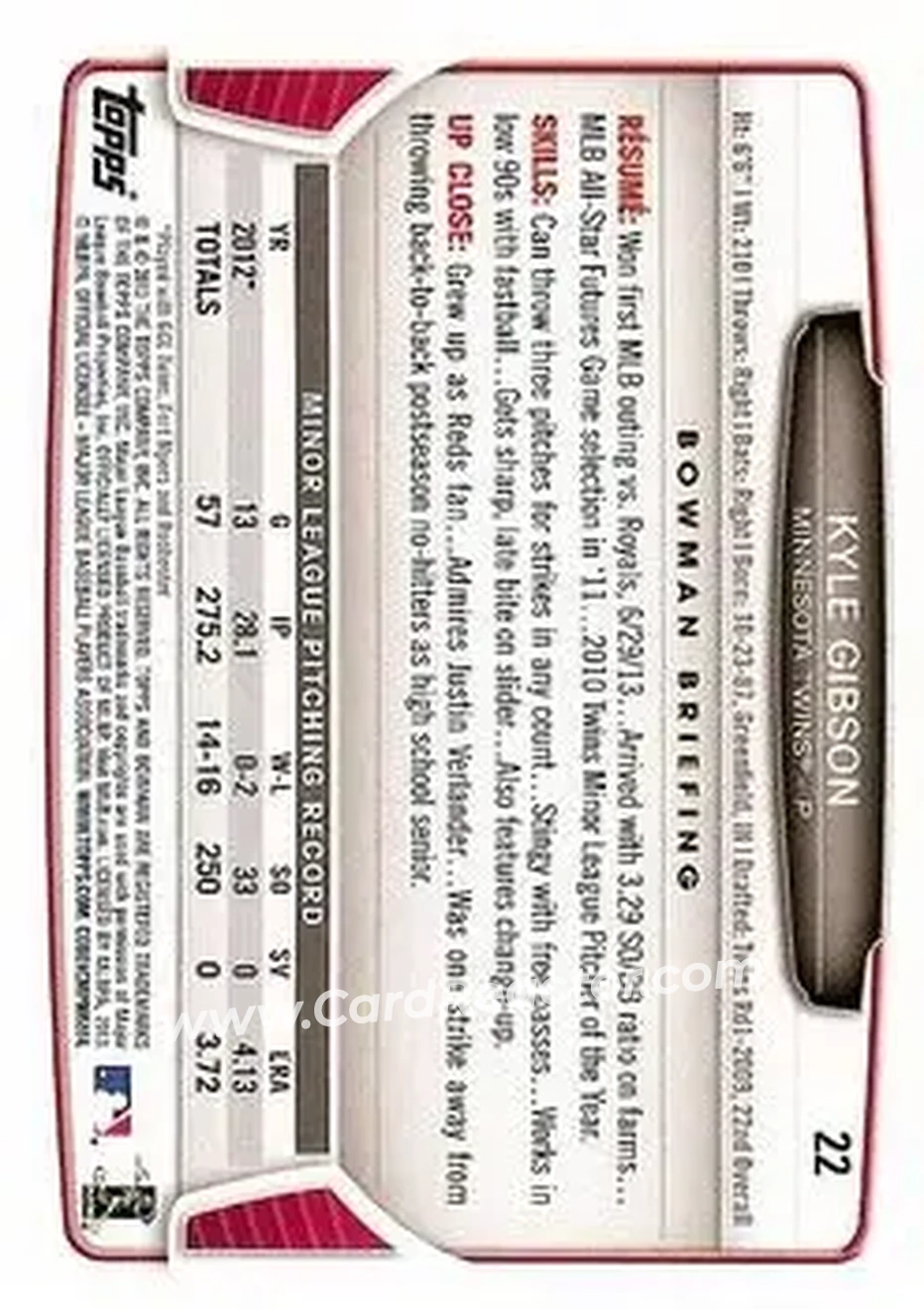2013 Bowman Draft Picks & Prospects #22 - Kyle Gibson - Minnesota Twins - Back
