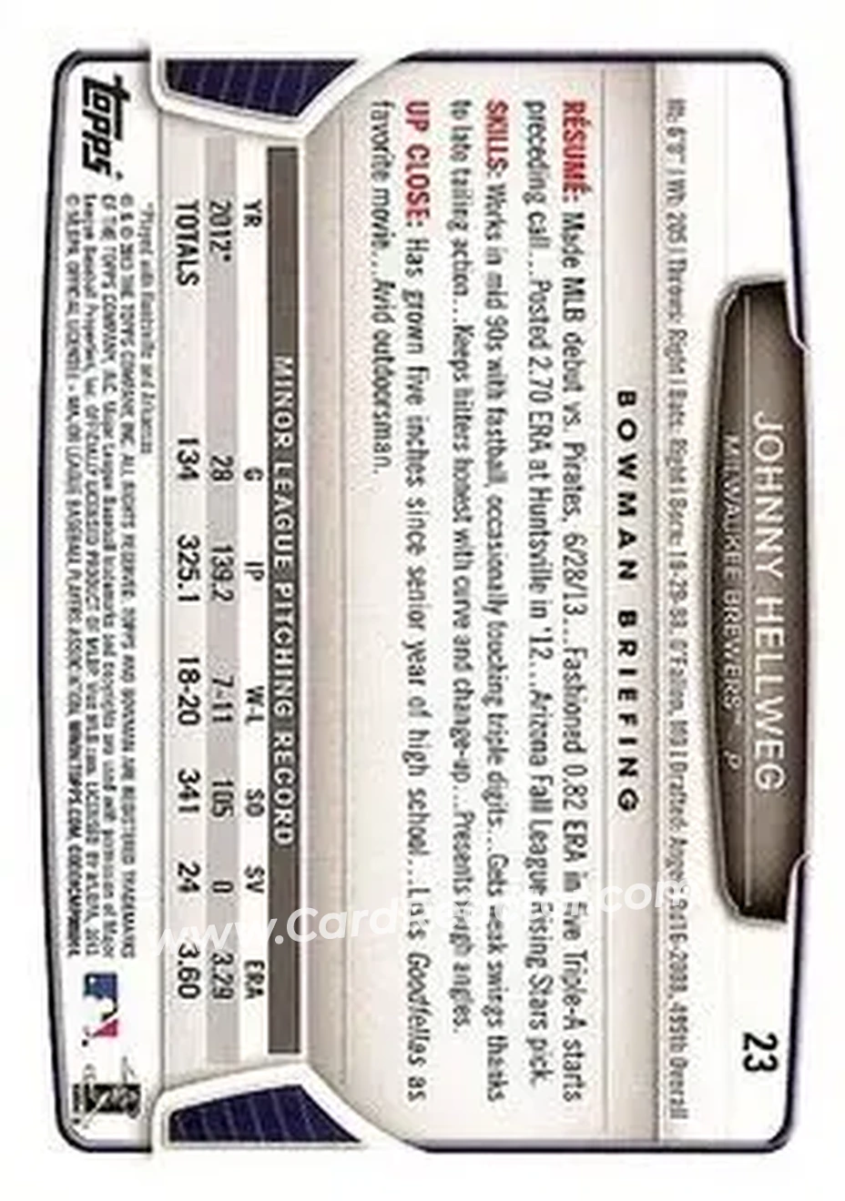 2013 Bowman Draft Picks & Prospects #23 - Johnny Hellweg - Milwaukee Brewers - Back