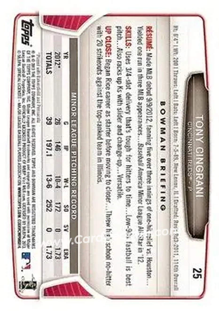 2013 Bowman Draft Picks & Prospects #25 - Tony Cingrani - Cincinnati Reds - Back