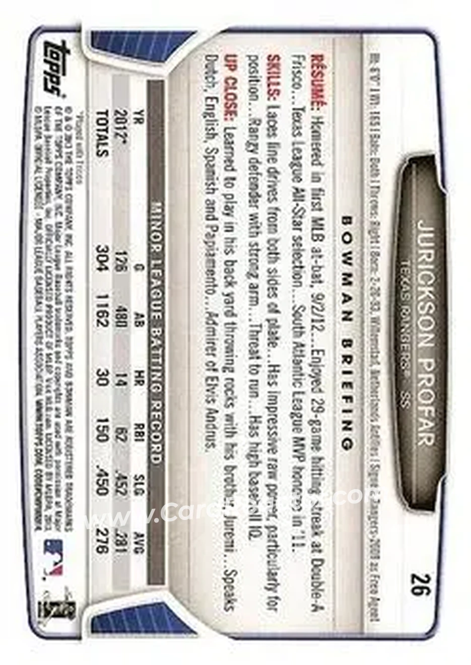 2013 Bowman Draft Picks & Prospects #26 - Jurickson Profar - Texas Rangers - Back