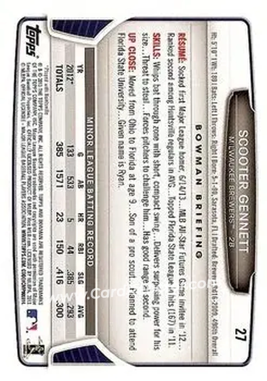 2013 Bowman Draft Picks & Prospects #27 - Scooter Gennett - Milwaukee Brewers - Back